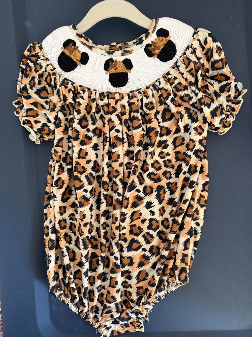 Minnie ears - Leopard Smocked Baby One-Piece Romper - Brown